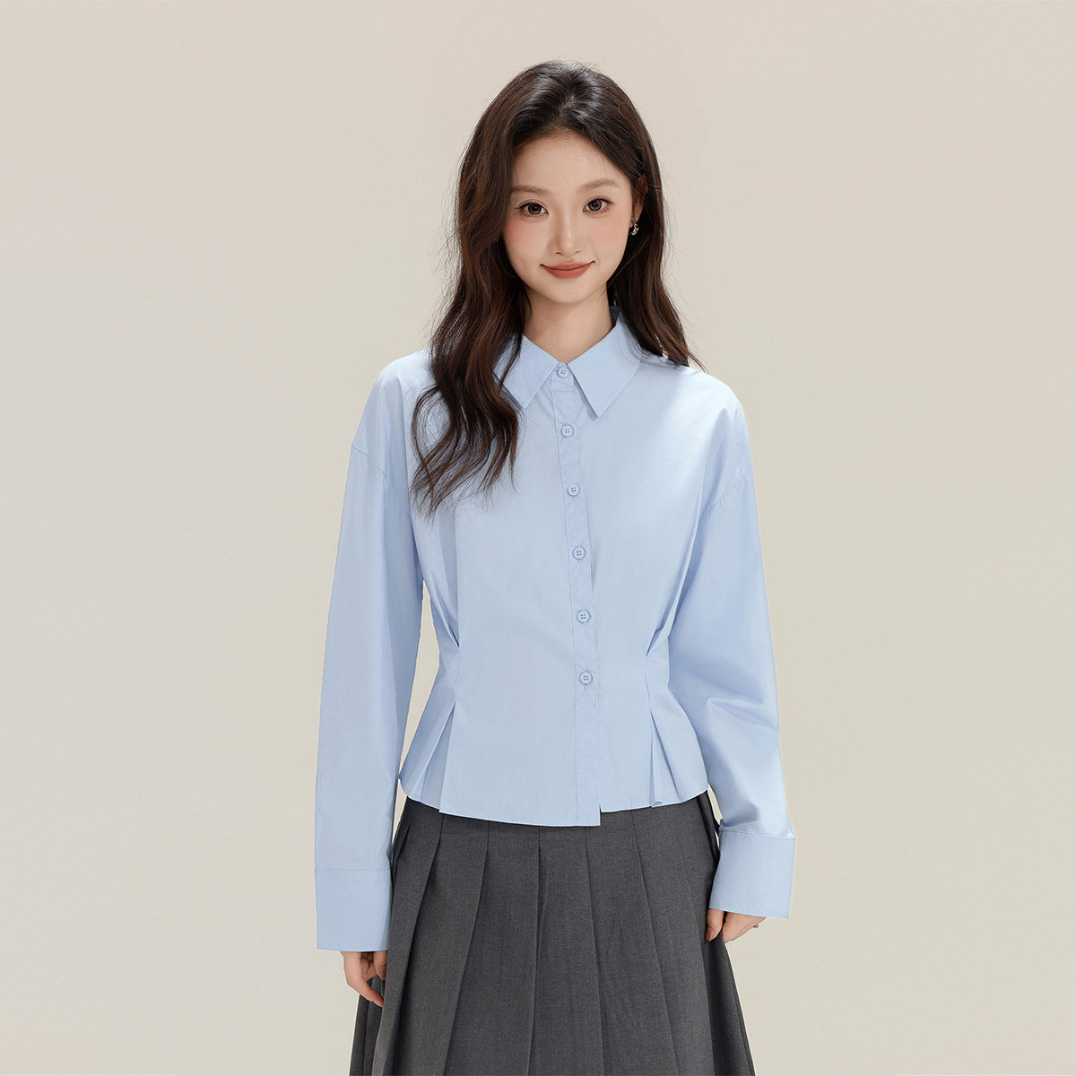 BASICBASE通勤风纯棉长袖衬衫女款夏季修身收腰蓝色翻领纽扣上衣
