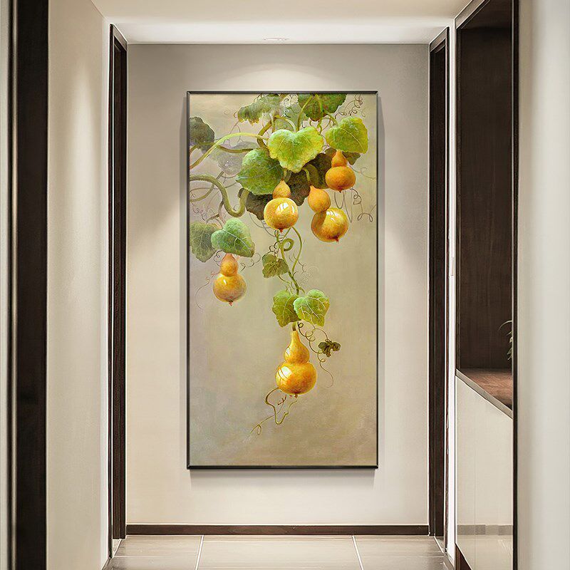 五福临门手绘油画葫芦新中式玄关装饰画简约美式走廊过道挂画