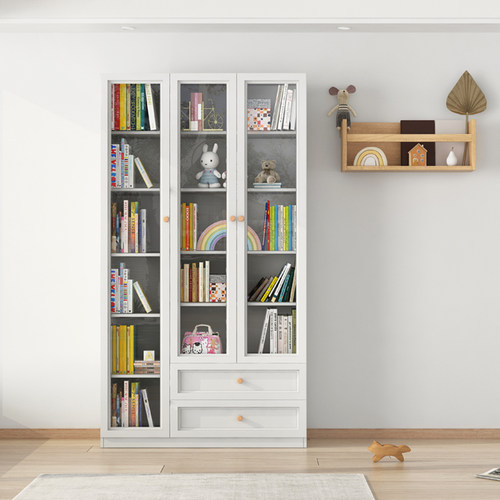 可比熊实木儿童书架置物架落地储物柜家用书柜带玻璃门客厅收纳柜