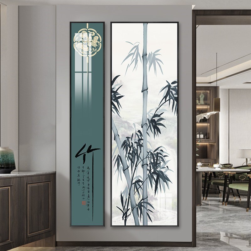 中式复古风山水装饰画玄关背景墙挂画过道走廊组合壁画九鱼图图片