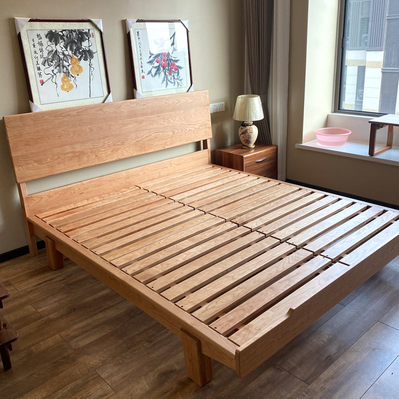 北欧樱桃木床架简约实木床双人床原木风家用卧室小户型日式家具