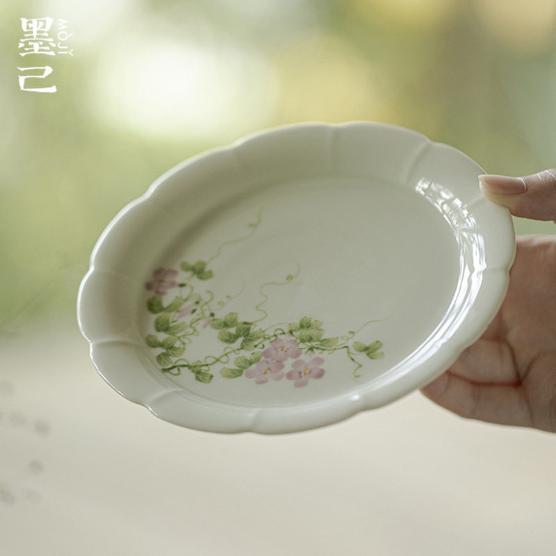 墨己小苍翠花边手绘牵牛花壶承茶道配件陶瓷盘多用茶点盘干泡盘