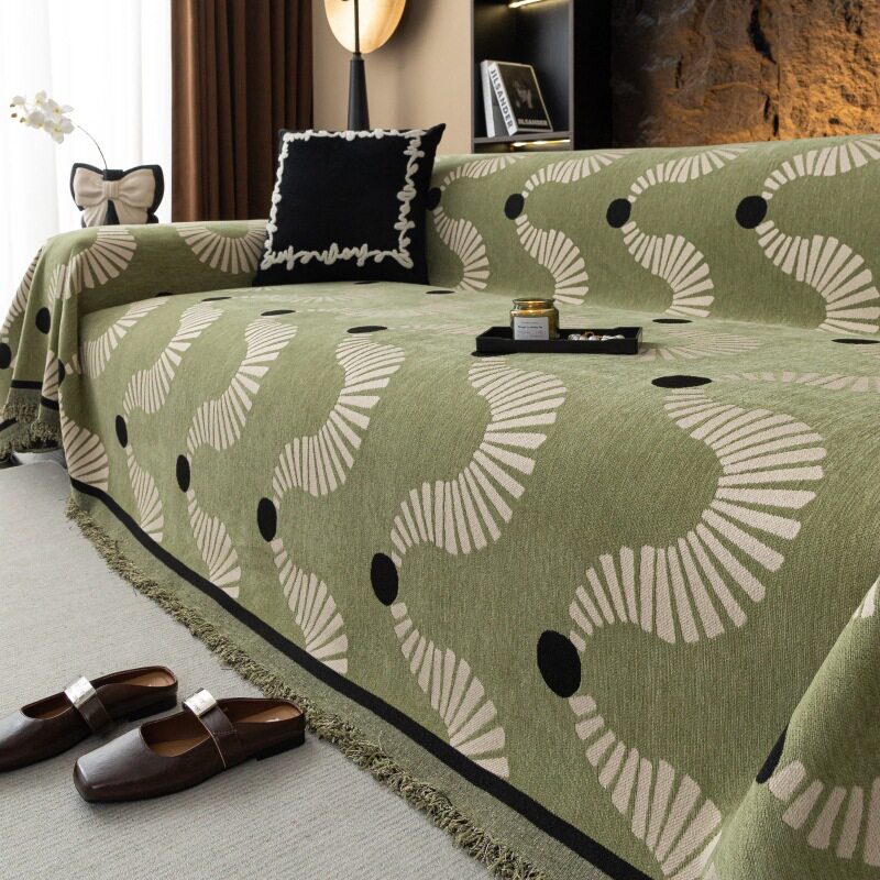 中古风绿色沙发盖布轻奢高级感雪尼尔沙发巾一整张全盖套罩沙发毯