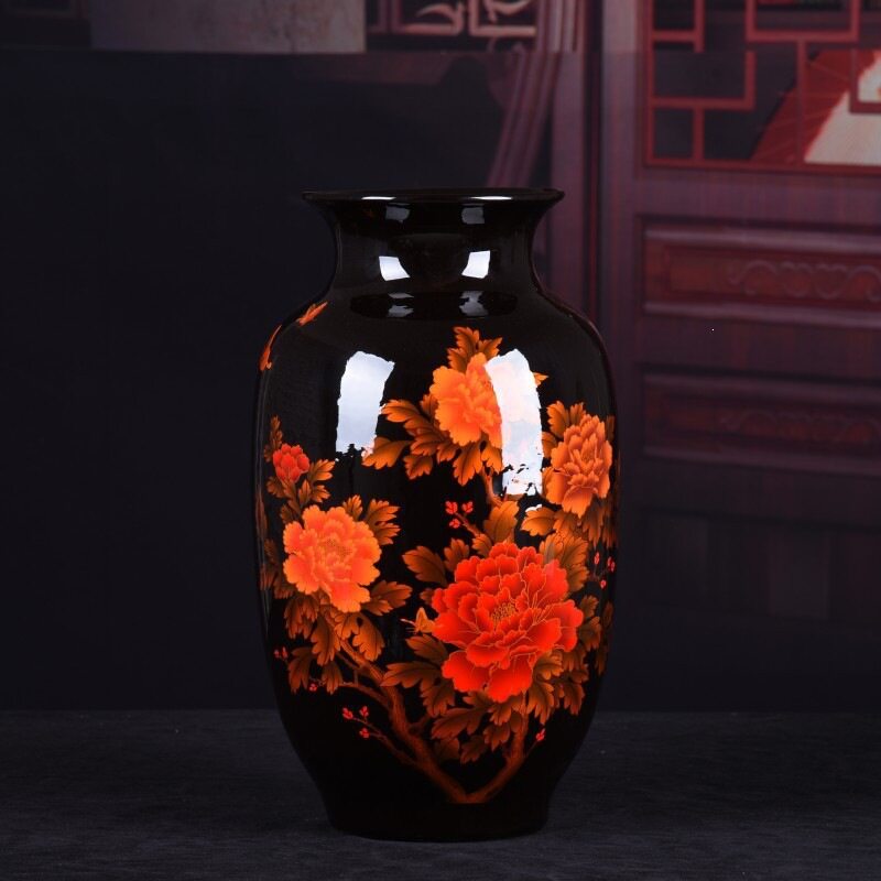 陶瓷花瓶摆件直销黑色牡丹花水晶釉观赏瓶现代家居客厅装饰品直销