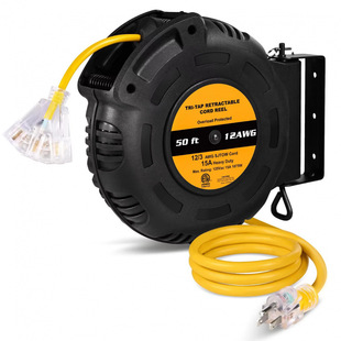 50英尺12AWG重型电源线，带三分接头，天花板/壁挂式可伸缩延长线