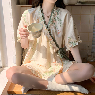 套装 日本无印MUJIE云朵棉睡衣女夏季 短袖 复古新款 甜美简约学 开衫