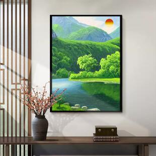 山水画青山绿水风景挂画聚宝盆装饰画客厅玄关餐厅竖版办公室壁画