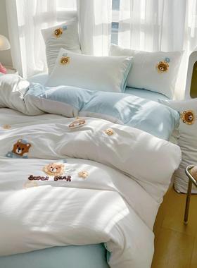 新款全棉卡通毛巾绣四件套纯棉柔软学生被套床单床笠三件套4