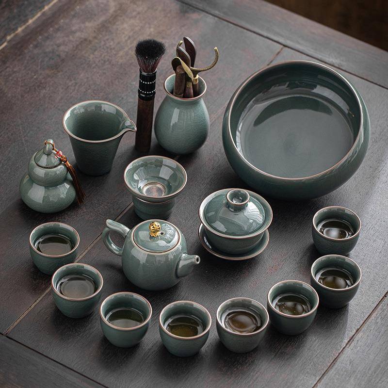 功夫泡茶神器高档办公室会客轻奢中式陶瓷小茶杯哥窑茶具套装家用