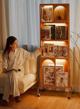 杂志架全身镜推拉可移动旋转落地樱桃木复古实木书架穿衣试衣镜子