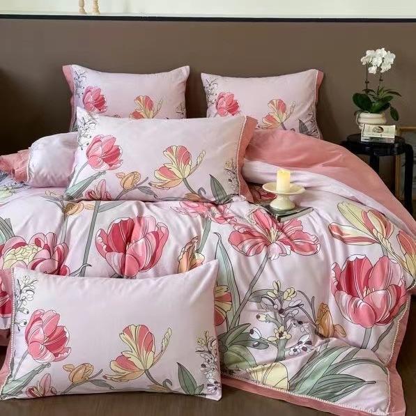 100支长绒棉数码印花四件套美式花卉清新春夏床上用品4件套被套