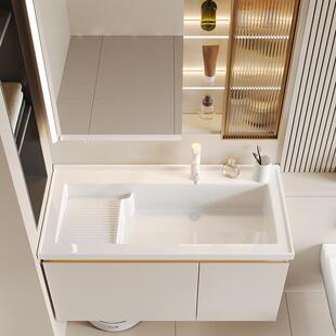 带搓衣板陶瓷一体盆浴室柜卫生间洗衣柜洗漱台吊柜奶油风洗脸盆柜