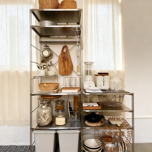 不锈钢置物架日式收纳架轻奢书架阳台客厅多层靠墙落地储物展示柜