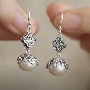 中式国风古典仿珍珠耳环幸运鸢尾花浮雕錾刻立体唐草花纹复古耳钩