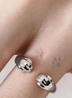 新款爆款精致猫爪银色流浪猫周边戒指踩可爱奶痕迹开口对戒戒指