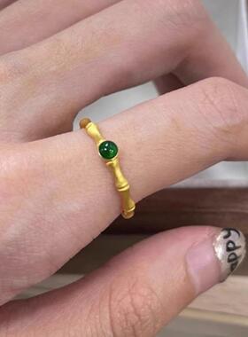新款黄金色竹节镶嵌戒指女小众简约设计复古戒指生日礼物送女朋友