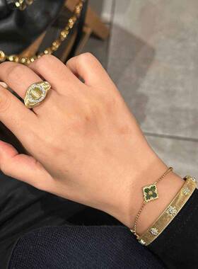 轻奢百搭高级感国潮黄金色拉丝镶嵌锆石戒指时尚气质防漏财尾戒女