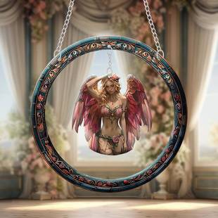 跨境圆环亚克力花卉粉翼天使带翅膀彩色太阳捕手窗饰门廊挂件吊坠