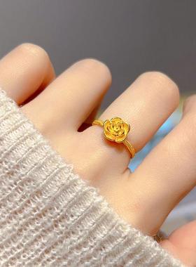 黄金色玫瑰花戒指女2025新款轻奢高级感百搭花朵开口戒指礼物送女