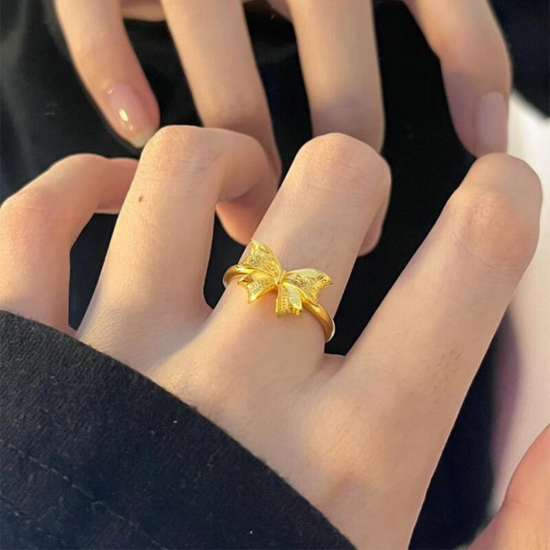 黄金色蝴蝶结戒指女款小清新在逃公主同款求婚结婚替代品戒子饰品图片
