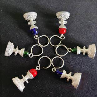 凉山彝族银色耳环女传统民族风简约手工艺耳饰红珠蓝珠绿珠小耳坠