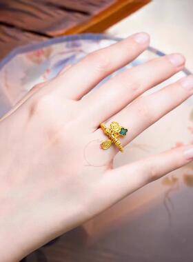 古法烧蓝古风四叶草流苏戒指小甩戒黄金色财运寓意珐琅戒指