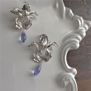 新中式银色鸢尾花耳饰精致琉璃流苏耳环复古宫廷夸张花朵时髦耳钉