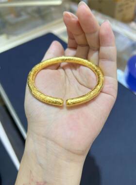 新款古法工吉言开口黄金色手镯实心百搭轻奢高级感复古日常手饰
