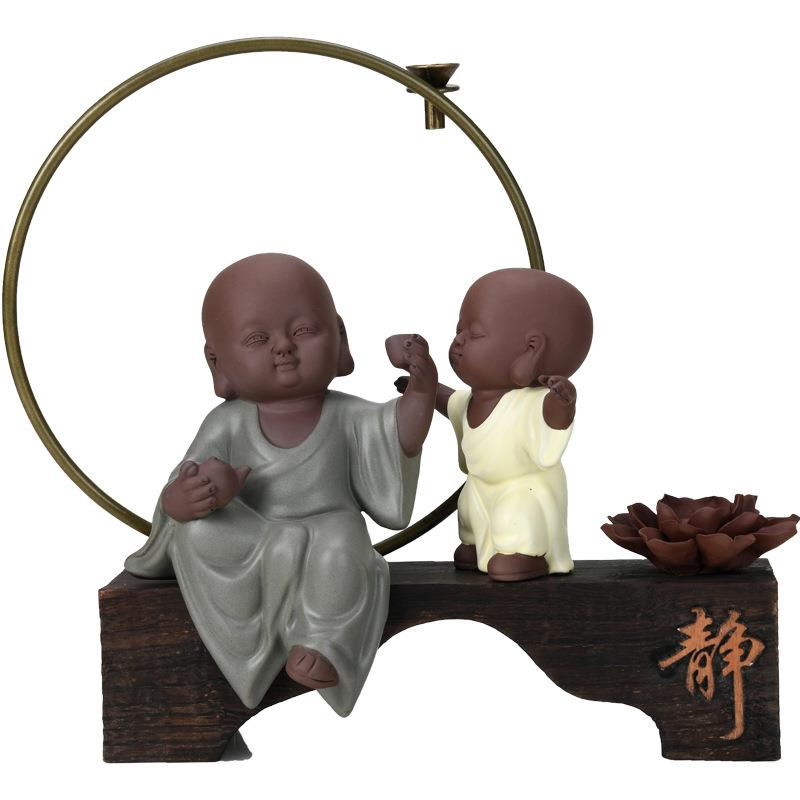 中式禅意紫砂小和尚茶宠茶桌茶室博古架电视柜书房线香炉陶瓷摆件