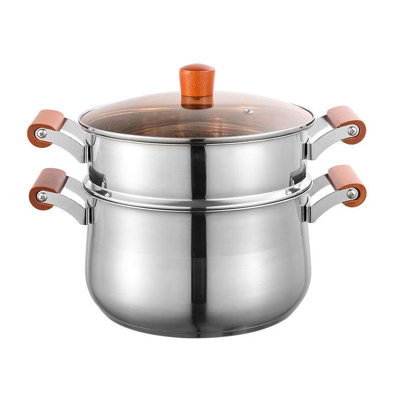 304不锈钢汤锅加厚复合底双层蒸锅家用厨房木柄蒸笼实用礼品锅具