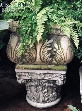 欧式罗马柱头粗陶复古做旧别墅户外装饰摆件花园庭院花盆底座摆件