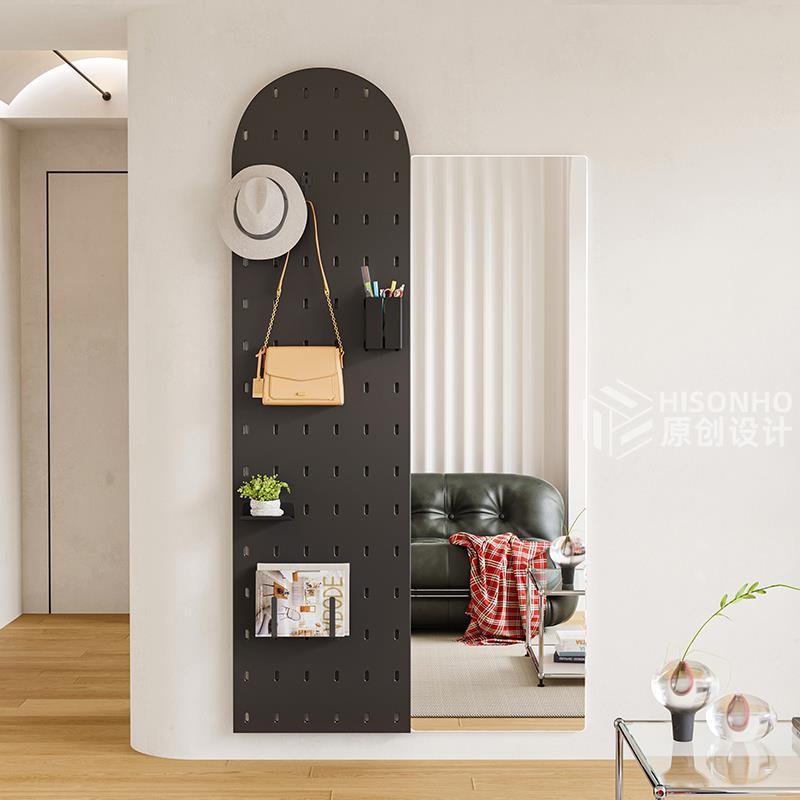 入户洞洞板镜子隐藏式推拉全身镜家用收纳置物架穿衣镜卧室试衣镜