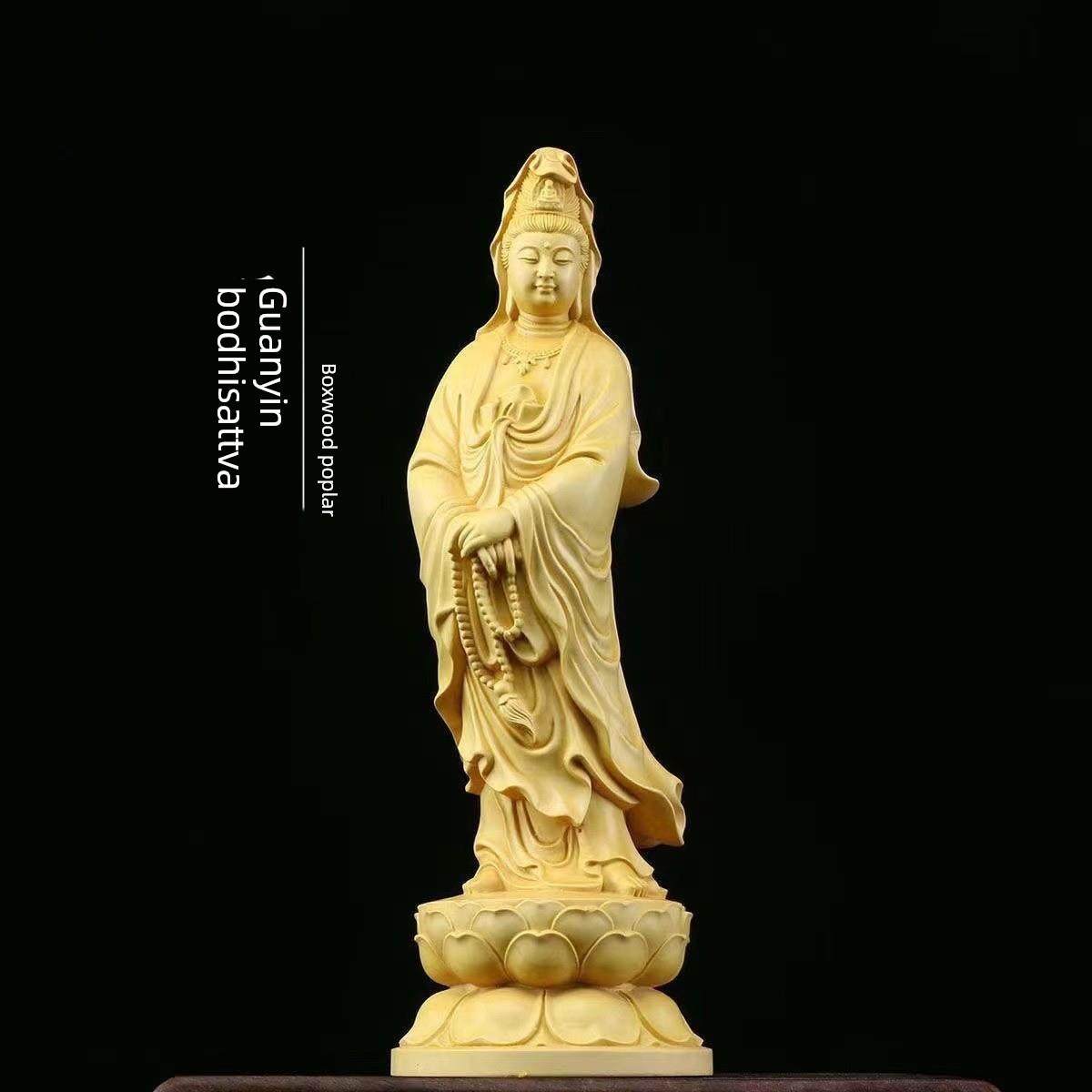 普陀山黄杨木雕莲花观音菩萨佛像实木菩提念珠观音供奉装饰品