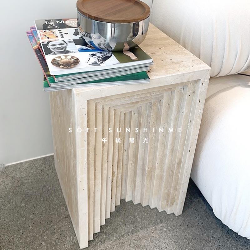 侘寂风天然黄洞大理石槽纹落地雕塑装饰摆件底座墩展示台立柱桌子