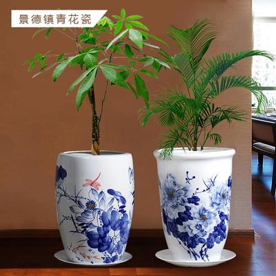 景德镇青花瓷花盆发财树凤尾葵兰新中式手绘牡丹陶瓷高花盆带托盘