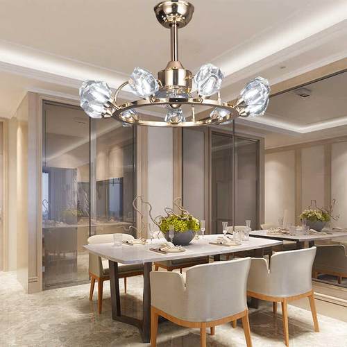 新款水晶风扇灯餐厅客厅吊扇灯卧室风扇吊灯照明一体灯全铜电机