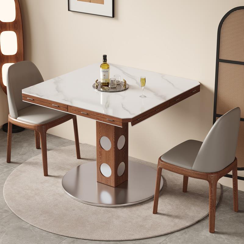 北欧复古风岩板实木可折叠餐桌椅组合家用小户型靠墙方桌变圆桌