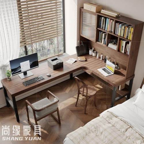 实木转角书桌书架卧室拐角双人办公桌 书房靠墙l型电脑桌书柜一体