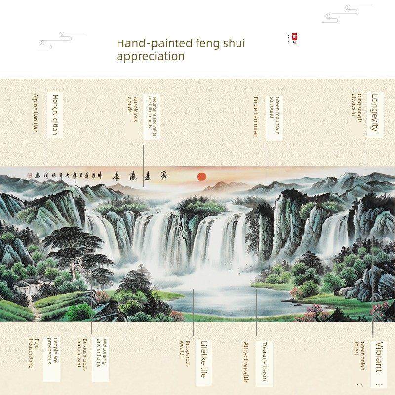 人工手绘，真实山水画，客厅挂画，聚宝盆，办公室书画，长流，中