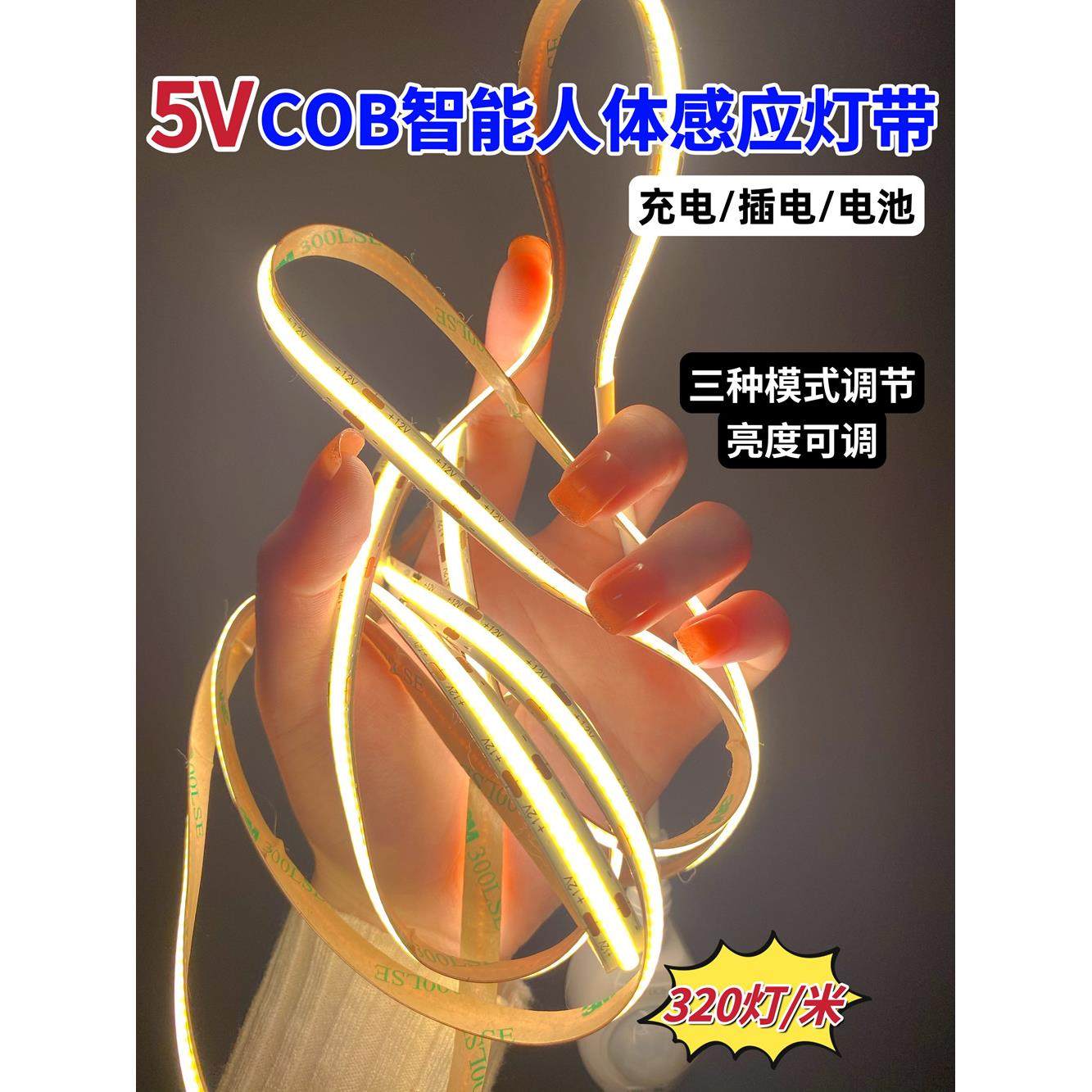 5V低压COB智能人体感应灯带充插电池衣橱鞋柜防水高亮线性软灯条,家装灯饰光源,室内LED灯带,淘宝优惠券,粉丝福利购,淘宝优惠卷