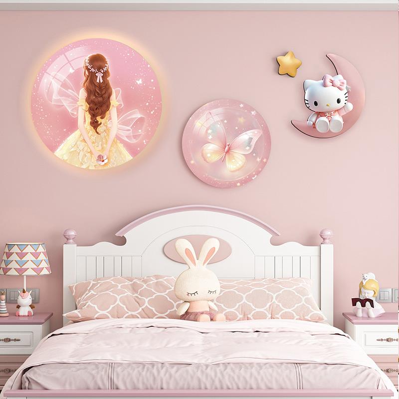 创意led氛围灯挂画儿童房卧室床头装饰画粉色女孩房间布置墙壁画