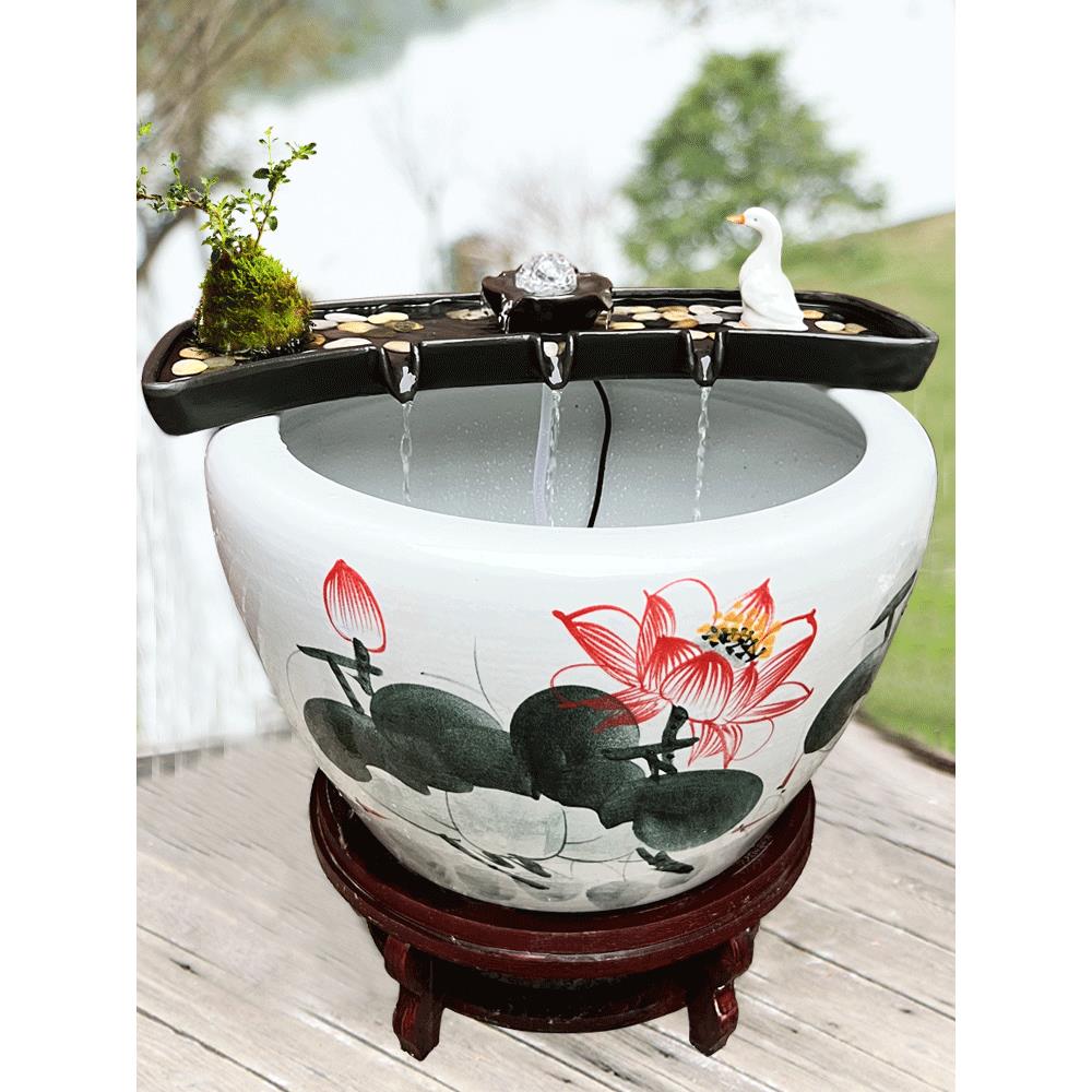 招财流水生财循环水陶瓷鱼缸循环流水摆件过滤增氧石槽微景观造景