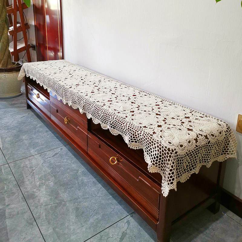 手工钩织北欧中式覆古镂空茶几电视柜子装饰盖布长方桌布艺桌旗3