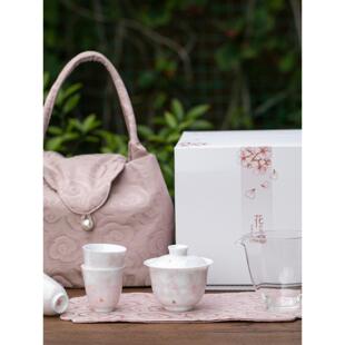 花开茶靡渐变盖碗陶瓷旅行茶具便携收纳布包小套组粉色品茗杯套装