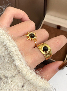 金色太阳花复古虎眼石开口戒指女