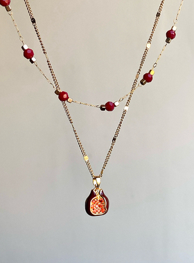红色石榴吊坠双层叠戴串珠项链女