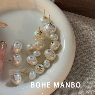 简约高级感扁圆珍珠耳钉焕彩粉光馒头珠耳环小众轻奢温柔精致耳饰