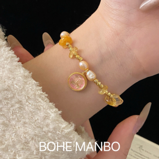 天然淡水裸粉珍珠天然石金色黄水晶碎银子手链女项链粉吊坠锁骨链