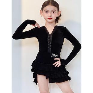 新款拉丁童舞服女春秋冬袖高长练级感演出功服套QKP装少儿专业舞