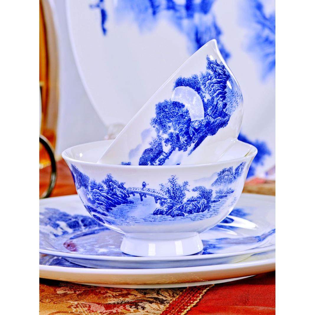 景德镇免烫高足釉彩骨瓷中式餐具青花家庭单碗10件